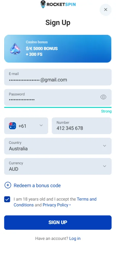 Rocket Spin Australia registration form showing email, password, phone number, country, currency, bonus code option and SIGN UP button