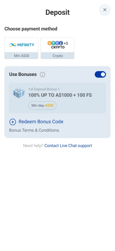 Rocket Spin deposit screen displaying MiFinity, cryptocurrency, A$30 minimum deposit and a 100% welcome bonus up to A$1,000 plus 100 free spins